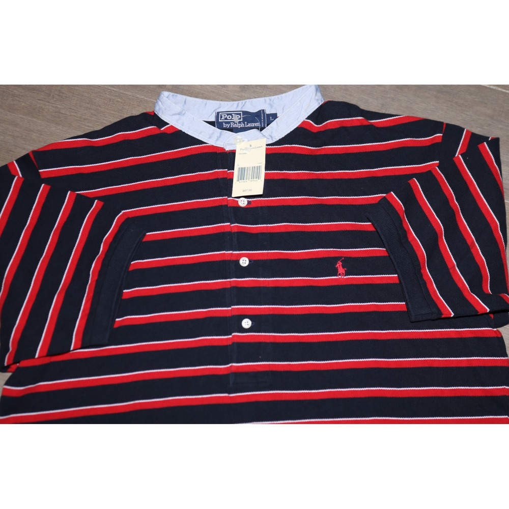 Vintage Polo Ralph Lauren Mens Large Striped Cotton Banded Collar Shirt NWT Navy